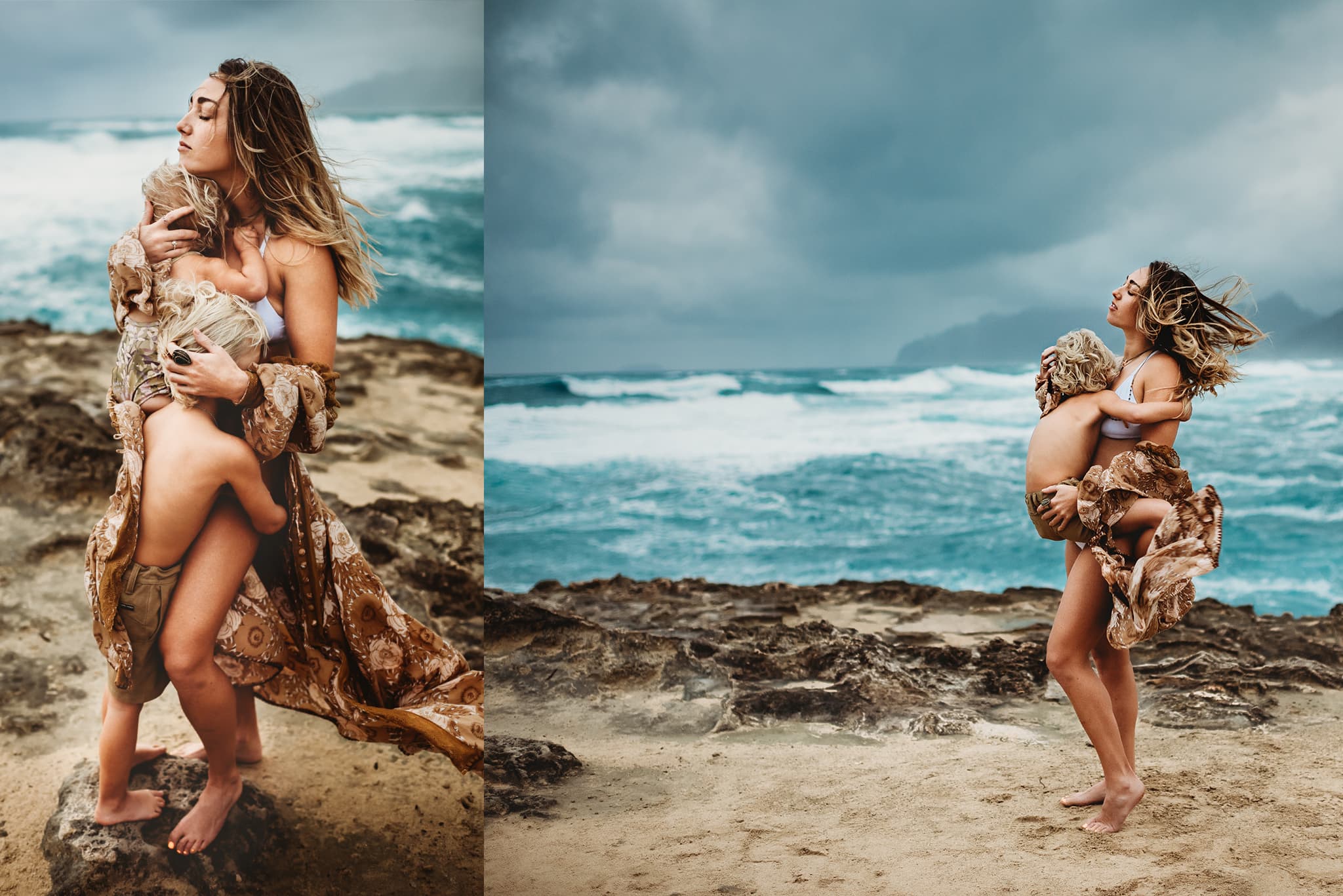 Maternity Photographer, an expectant pregnant mother stands with her children near the beach