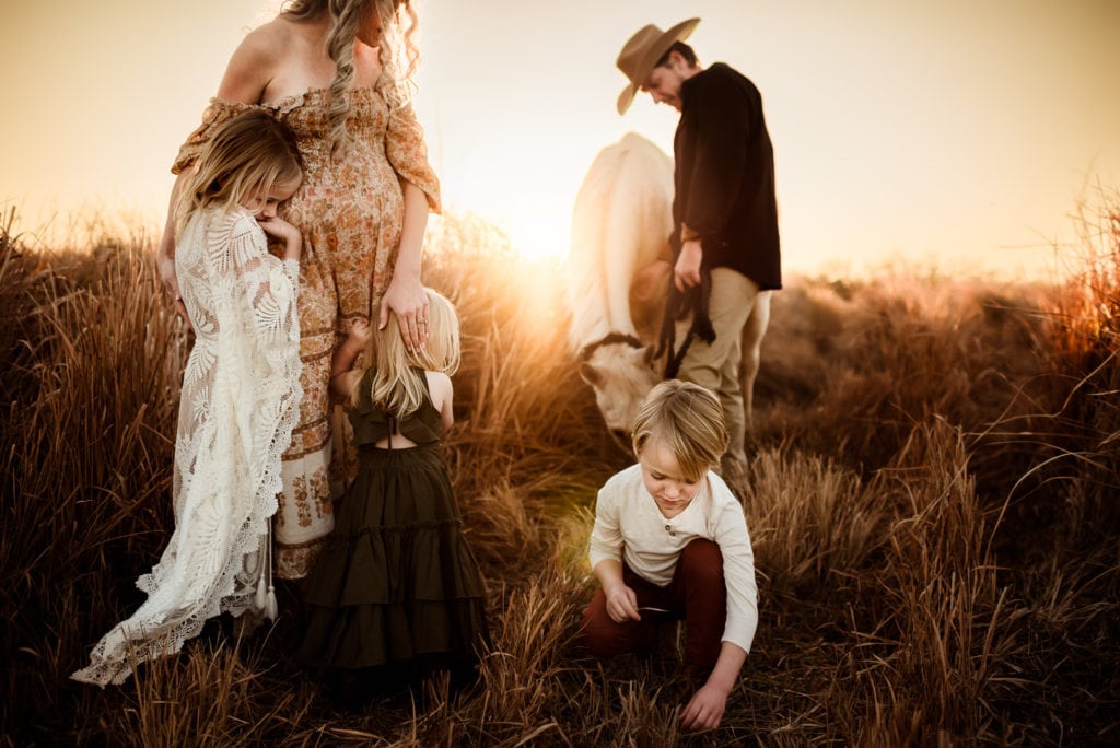 Online Family Photographer Education, a pregnant woman stands beside her husband and young children in a dry meadow at golden hour